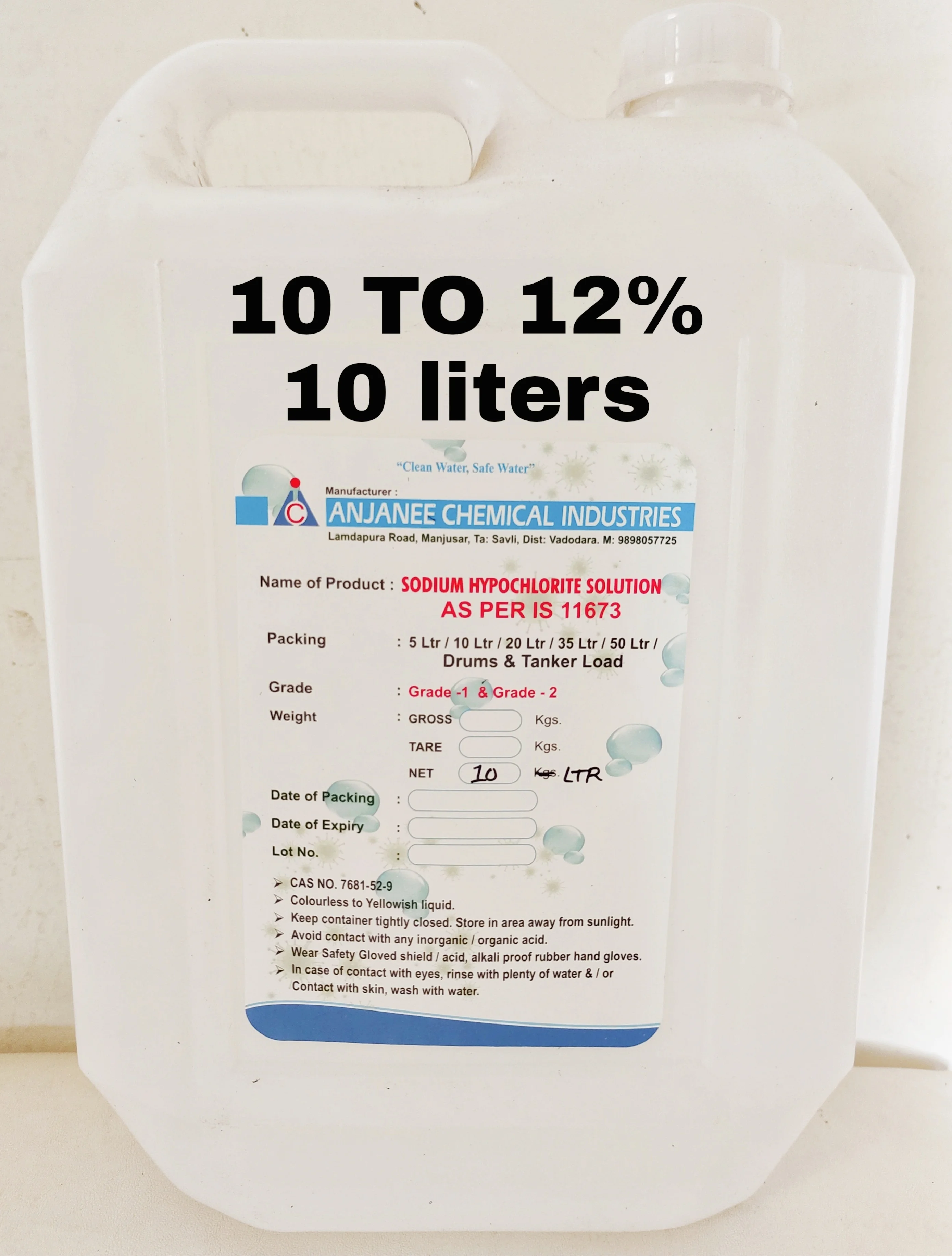 Sodium Hypochlorite - 10 TO 12 - 10liter